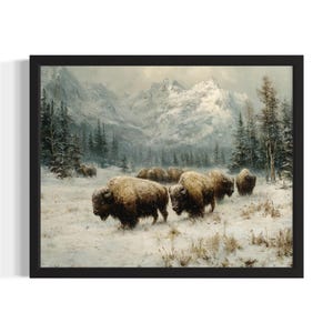 Winter Bison Herden Cowboy Poster Art Print, Wohnzimmer Wand Kunst Poster, Originale Malerei, Kunstwerk