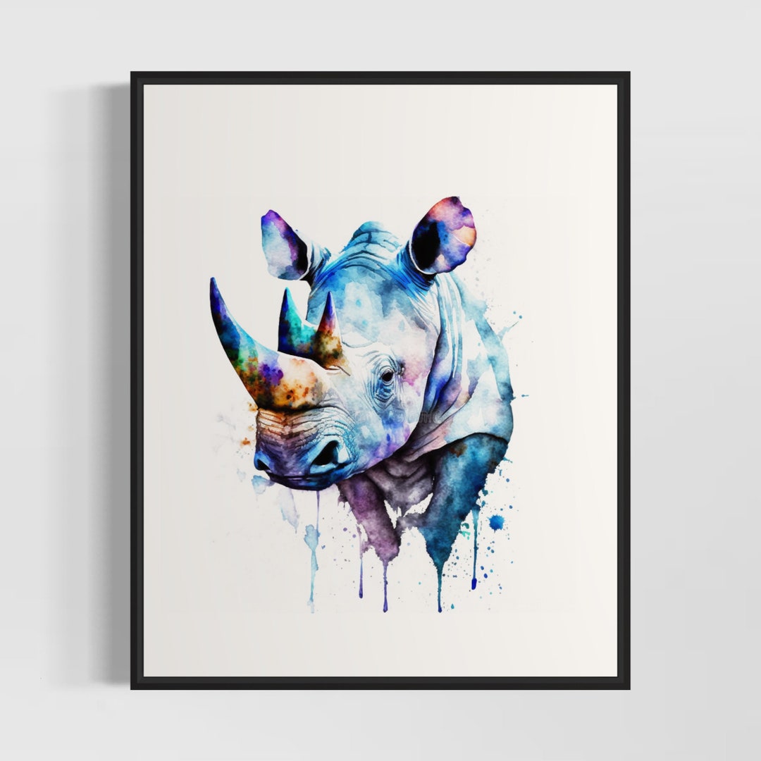 Blue Rhino Art Print Rhino Painting Wall Art Poster Original Etsy