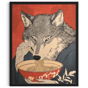 Wolf Animal Kitchen Ramen Poster Art Print, Kitchen Wall Art Poster, Original Painting Artwork Decor