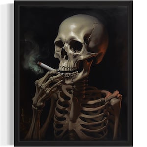Skull Smoking Ciggarettes Art Print, Scary Spooky Gothic Wall Art Painting Decor Photo