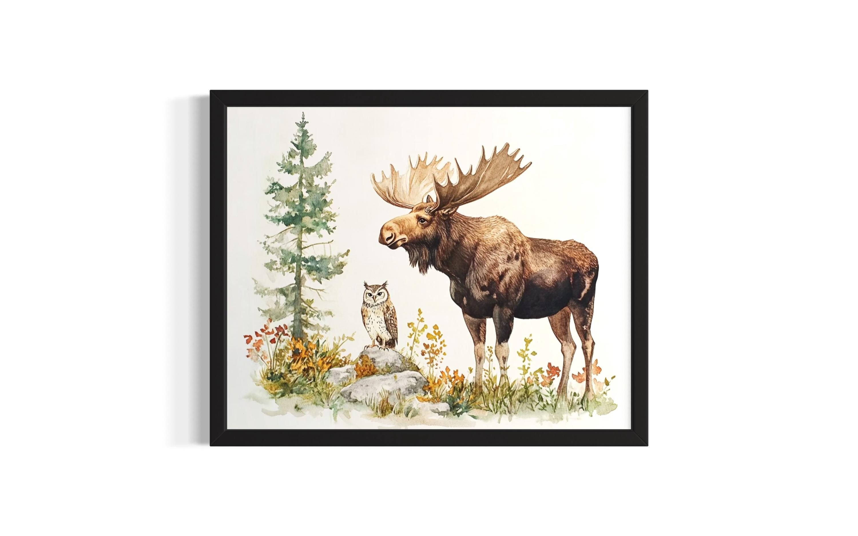Moose and Owl Animal in Harmony Forest Wildlife Poster Art Print, Living Room Wall Art Poster, Origi