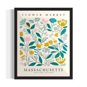 Massachusetts Flower Market States Poster Art Print, Living Room Wall Art Poster, Original Painting Artwork Decor