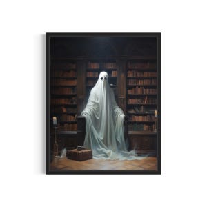 Ghost in Bookroom Art Print, Vintage Gothic Wall Art Painting Decor Photo