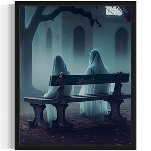 Geist sitzt auf einer Bank Kunstdruck, Gruselige Gothic Wand Kunst Gemälde Dekor Foto