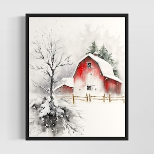 Winter Red Barn Watercolor Art Print, Winter Red Barn Wall Art Poster, Original Artwork  by Artist