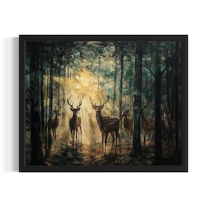 Deer in Forest Huanted Animals Poster Art Print, Living Room Wall Art Poster, Original Painting Artwork Decor