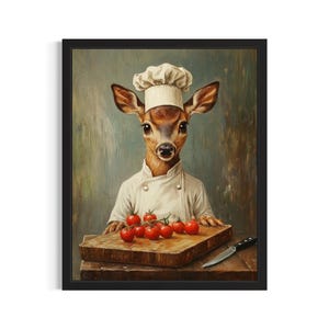 Deer Animal Chef Poster Art Print, Kitchen Wall Art Poster, Original Painting Artwork Decor