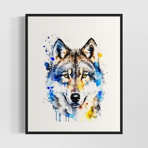 Colorful Wolf Watercolor Art Print, Wolf Painting Wall Art Decor, Original Artwork  by Artist