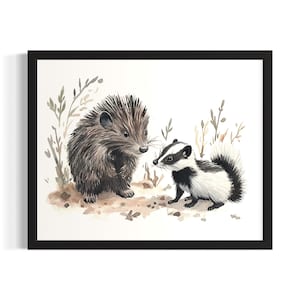 Porcupine and Skunk Animal in Harmony Forest Wildlife Poster Art Print, Living Room Wall Art Poster, Original Painting Artwork Decor
