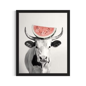 Cow and Watermelon Kitchen Animals Poster Art Print, Kitchen Wall Art Poster, Original Painting Artwork Decor