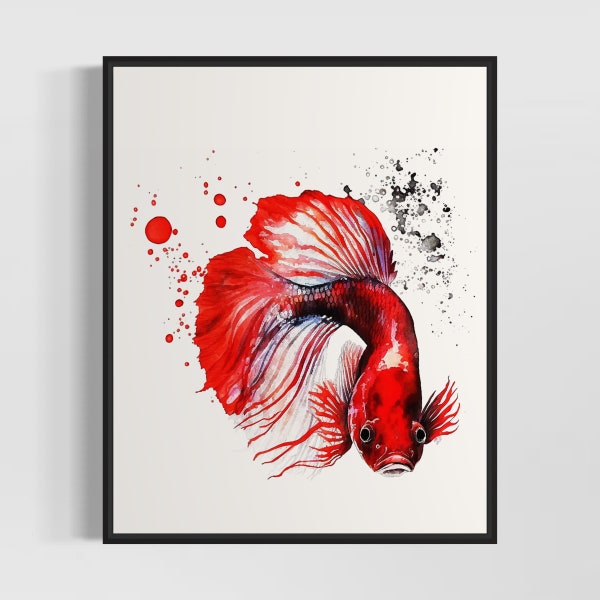 Red Betta Fish Art Print, Red Betta Fish Painting Wall Art Poster, Original Artwork  by Artist