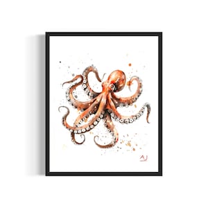 Octopus Poster Art Print, Watercolor Sea Creature Animal Painting Wall Decor Signed by Artist