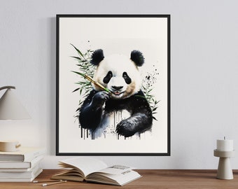 パンダのクマが竹を食べる水彩画アートプリント、パンダのクマの絵画の