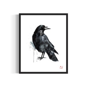 Impresión artística en póster de cuervo, pintura de pájaro en acuarela, decoración de pared firmada por el artista