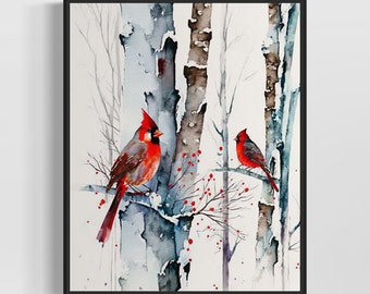 Cardinal and birch trees Watercolor Art Print, Cardinals Painting Wall Art Decor, Original Artwork  by Artist