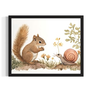Eichhörnchen und Schnecke in Harmonie Wald Wildtier Poster Kunstdruck, Wohnzimmer Wand Kunst Poster, Originale Malerei, Kunstwerk Dekor