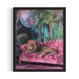 Lion Animal Disco Poster Art Print, Living Room Wall Art Poster, Original Painting Artwork Decor