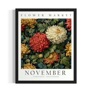 November Chrysanthemum Flower Month Poster Art Print, Living Room Wall Art Poster, Original Painting Artwork Decor