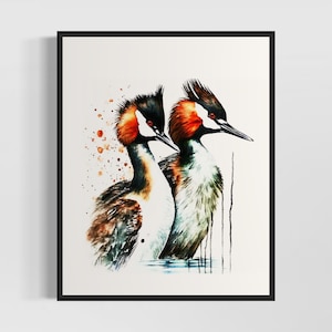 Grebes Watercolor Art Print, Grebes Painting Wall Art Decor, Original Artwork by Artist