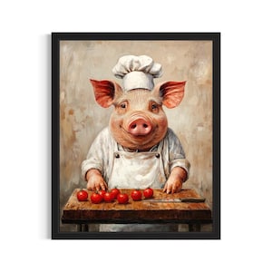 Pig Animal Chef Poster Art Print, Kitchen Wall Art Poster, Original Painting Artwork Decor