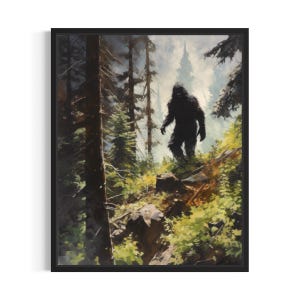 Bigfoot in Forest Art Print, Vintage Gothic Wall Art Painting Decor Photo