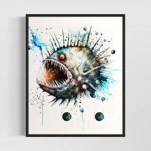 Angler Fish Watercolor Art Print, Angler Fish Painting Wall Art Decor, Original Artwork  by Artist