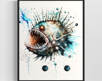 Angler Fish Watercolor Art Print, Angler Fish Painting Wall Art Decor, Original Artwork  by Artist