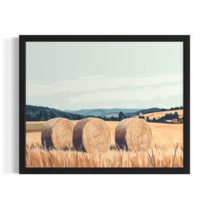 Hay Bales Landscape Poster Art Print, Living Room Wall Art Poster, Original Painting Artwork Decor