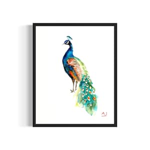 Impresión artística de póster de pavo real, pintura de pájaro en acuarela, decoración de pared firmada por el artista