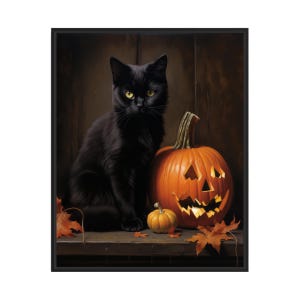 Black Cat and Pumpkin Art Print, Scary Spooky Haunted Gothic Wall Art Painting Decor Photo