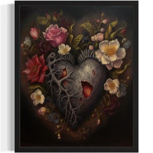 Impressão de arte de coração gótico, pintura de arte de parede gótica assustadora e assustadora, decoração de foto