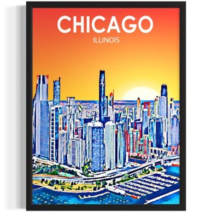 Illinois Chicago zonsondergang staten kunstafdruk, woonkamer muur kunstposter, origineel schilderij artwork decor