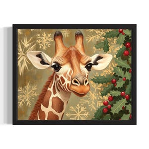 Giraffe Christmas Animals Poster Art Print, Living Room Wall Art Poster, Original Painting Artwork Decor