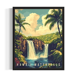 Hawaii watervallen staten kunstprint, woonkamer muurkunstposter, origineel schilderij artwork decor