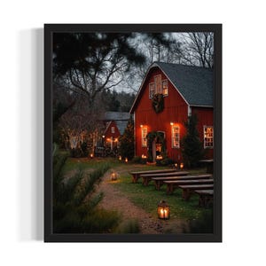 Red Barn Christmas Scenery Poster Art Print, Living Room Wall Art Poster, Original Painting Artwork Decor