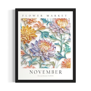 November Chrysanthemum Flower Month Poster Art Print, Living Room Wall Art Poster, Original Painting Artwork Decor