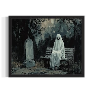 Ghost on Bench Huanted Animals Poster Art Print, Living Room Wall Art Poster, Original Painting Artwork Decor