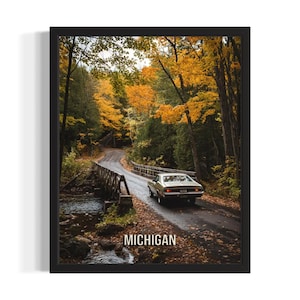 Michigan Autumn Road States Poster Art Print, Living Room Wall Art Poster, Original Painting Artwork Decor