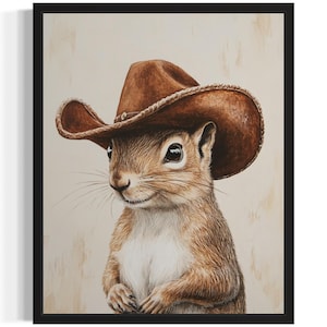 Squirrel Cowboy Saddle Poster Art Print, Animal Western Wild West Painting Wall Art Decor Pictures