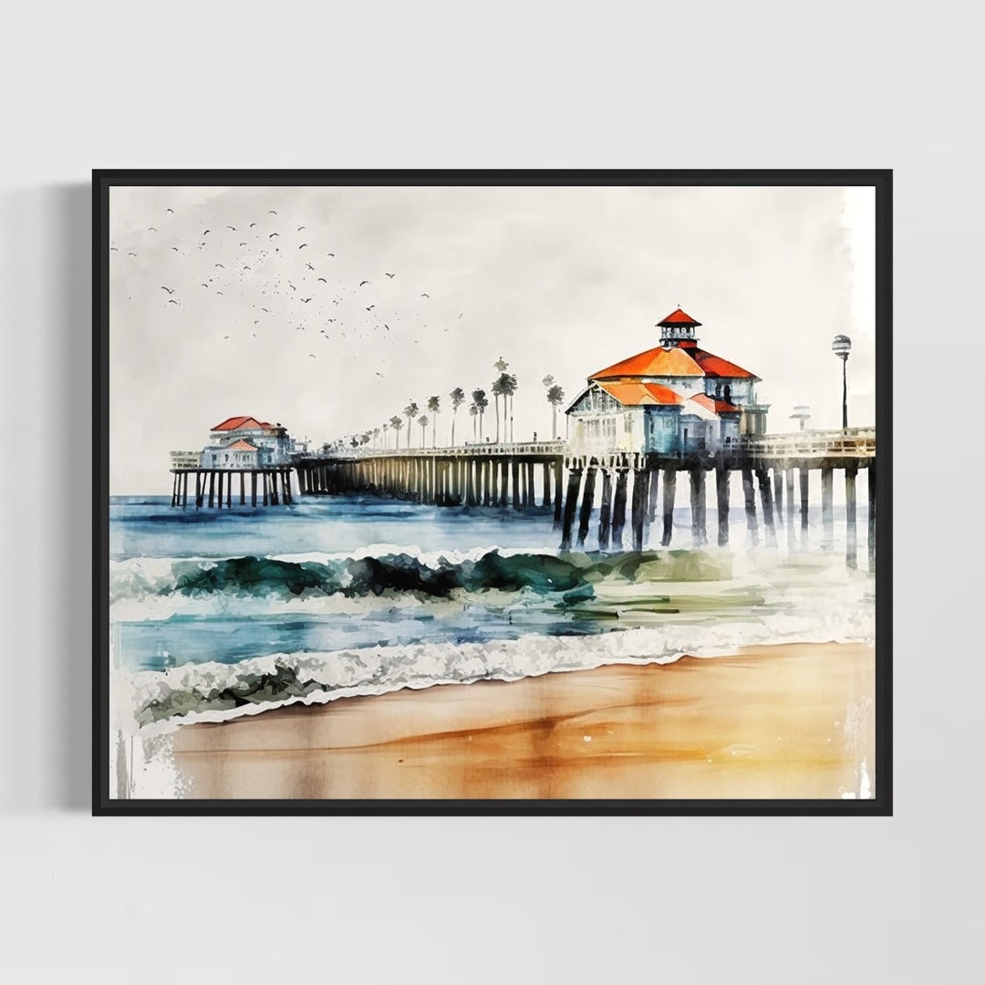 Huntington Beach Watercolor Art Print, Huntington Beach Painting Wall