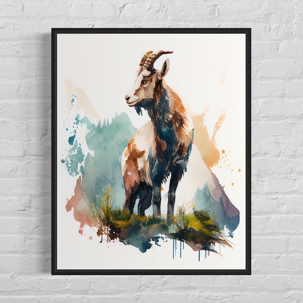 Alpine Goat Watercolor Art Print, Alpine Goat Monitor Painting Wall Art Decor, Original Artwork  by Artist