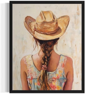 Brunette Cowgirl Poster Art Print, Animal Western Wild West Painting Wall Art Decor Pictures