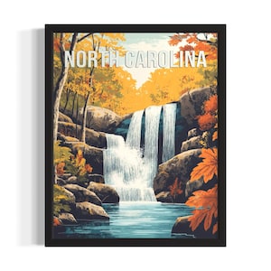 Pôster de arte impressa dos estados das cachoeiras da Carolina do Norte, pôster de arte de parede para sala de estar, decoração de pintura original
