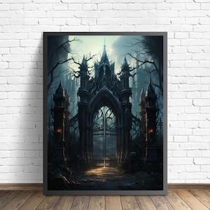 Gothic Cemetery Gates Art Print, Scary Spooky Haunted Gothic Wall Art Painting Decor Photo