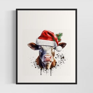 Santa Cow Watercolor Art Print, Santa Cow Painting Wall Art Poster, Original Artwork  by Artist