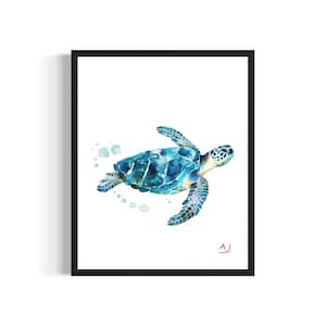 Meeresschildkröte Poster Kunst Druck, Aquarell Meereskreatur Tier Malerei Wanddeko signiert vom Künstler