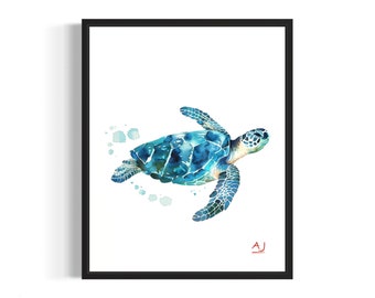 Sea Turtle Poster Art Print, Watercolor Sea Creature Animal Painting Wall Decor Signed by Artist
