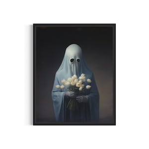 Ghost and Flowers Art Print, Vintage Gothic Wall Art Painting Decor Photo