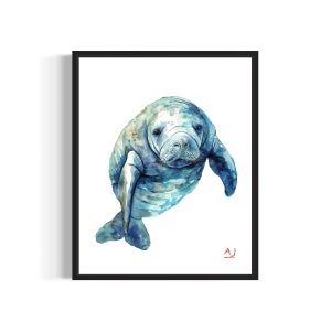 Impresión artística en póster de manatí, pintura de acuarela de animales marinos, decoración de pared firmada por el artista