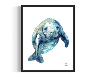 Manatee Poster Art Print, Watercolor Sea Creature Animal Painting Wall Decor Signed by Artist
